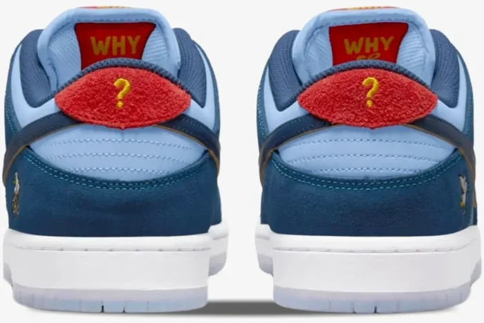 Rear view of Nike SB Dunk Low x Why So Sad? sneakers in blue with red heel tabs and yellow question marks. - SKU DX5549-400