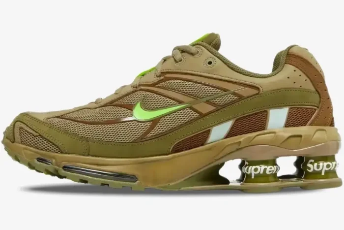 Side profile of the Nike Shox Ride 2 x Supreme Neutral Olive sneaker with lime green accents. - SKU DN1615-200
