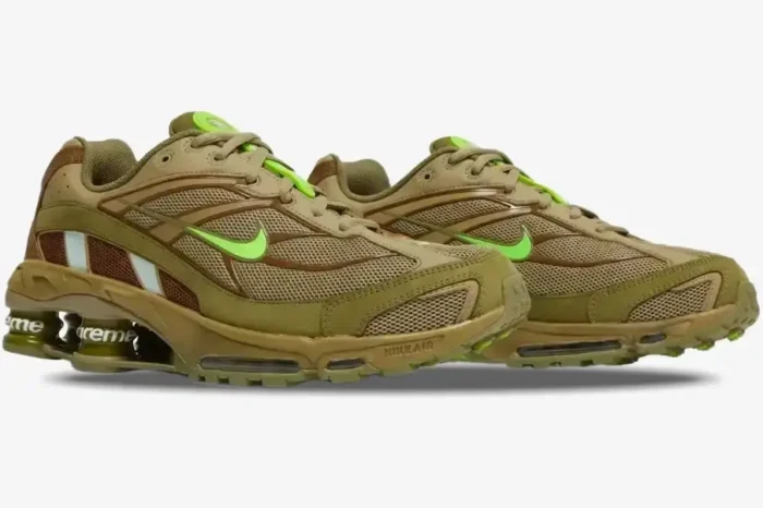 Three-quarter side view of Nike Shox Ride 2 x Supreme sneakers in neutral olive with lime green accents. - SKU DN1615-200