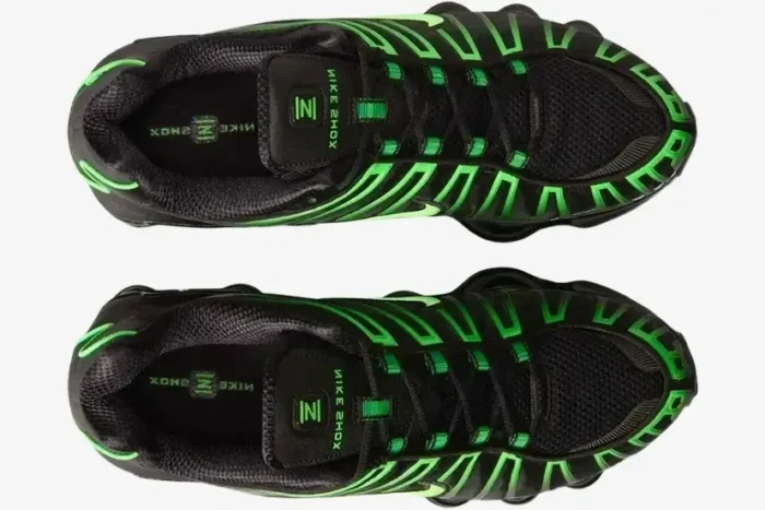 Top-down view of Nike Shox TL Black Green Strike sneakers featuring black mesh and neon green TPU overlays. - SKU AV3595-012