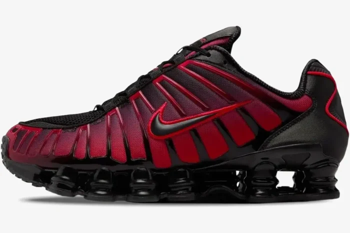 Nike Shox TL sneaker in black and university red gradient, side profile view. - SKU IF6202-001