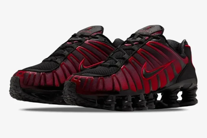 Nike Shox TL sneakers in black and university red gradient, shown from a three-quarter front angle. - SKU IF6202-001
