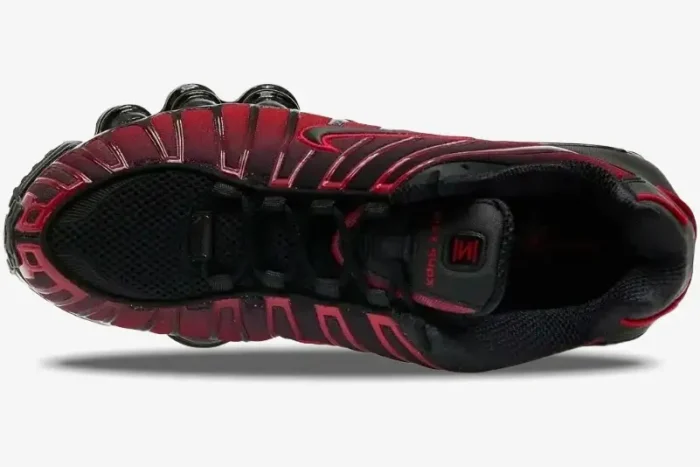Top-down view of Nike Shox TL sneakers in black and university red gradient with mesh upper. - SKU IF6202-001