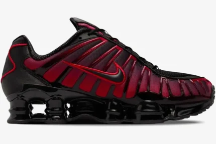 Nike Shox TL sneakers featuring a black and university red gradient upper, side profile view. - SKU IF6202-001