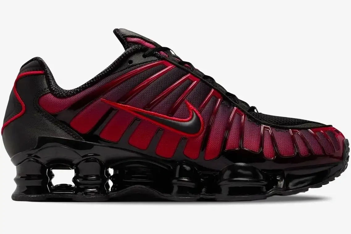 nike-shox-tl-black-university-red-gradient-side-if6202-001 Nike Shox TL sneakers featuring a black and university red gradient upper, side profile view. - SKU IF6202-001