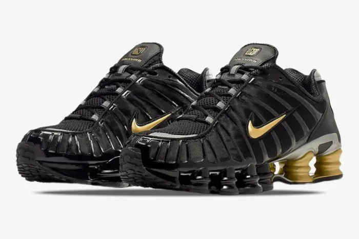 Nike Shox TL x Neymar Jr. sneakers in black and gold, three-quarter front view perspective. - SKU BV1388-001
