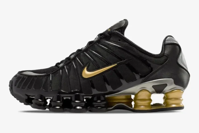 Side view of Nike Shox TL x Neymar Jr. sneakers in black and gold with metallic accents. - SKU BV1388-001