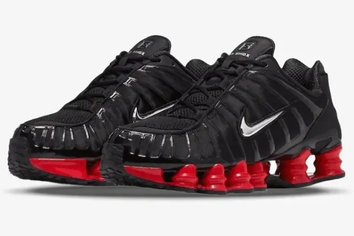 Nike Shox TL x Skepta sneakers in black and university red, three-quarter side view. - SKU CI0987-001