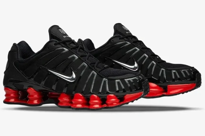 Nike Shox TL x Skepta sneakers in black and red, side-profile view showing the full-length Shox columns. - SKU CI0987-001