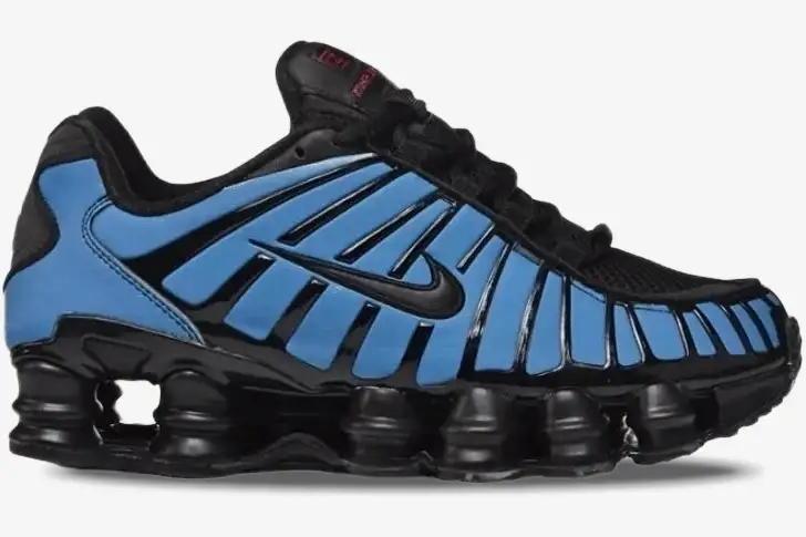 nike-shox-tl-thermoactive-black-blue-side-view Nike Shox TL Thermoactive sneaker in black and blue, side profile view showing the iconic Shox pillars.