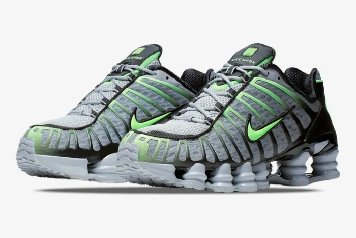 Nike Shox TL Wolf Grey Lime Blast sneakers shown from a three-quarter front perspective. - SKU AV3595-005