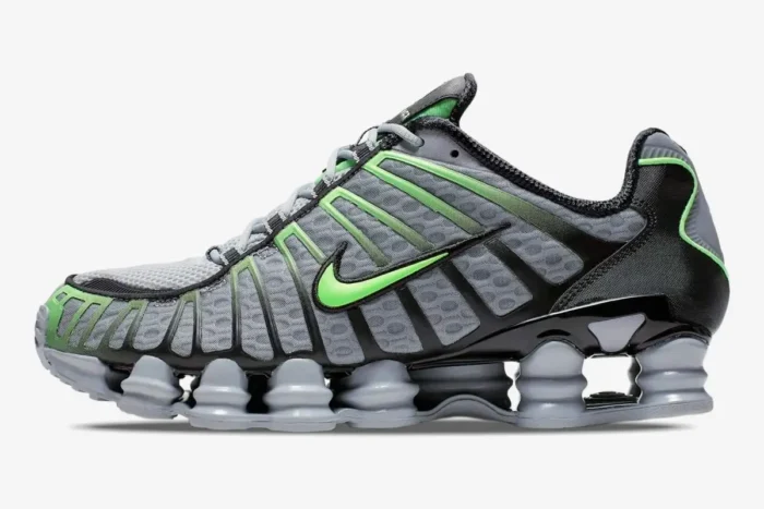Nike Shox TL sneakers in wolf grey and lime blast, shown from a side profile view. - SKU AV3595-005