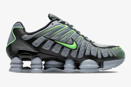 Nike Shox TL Wolf Grey Lime Blast sneaker in a lateral side profile view. - SKU AV3595-005