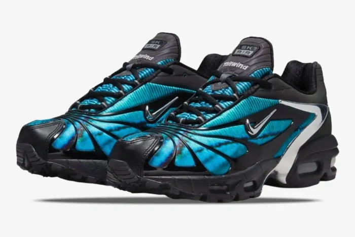 Nike Air Max Tailwind 5 x Skepta Chrome Blue sneakers with butterfly print, three-quarter front view. - SKU CQ8714-001