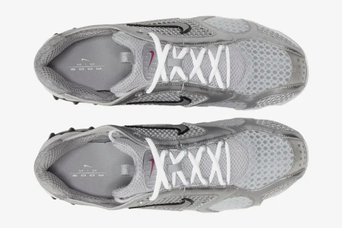 Top-down view of Nike Air Zoom Spiridon Cage 2 sneakers in metallic silver with white laces. - SKU CJ1288-001
