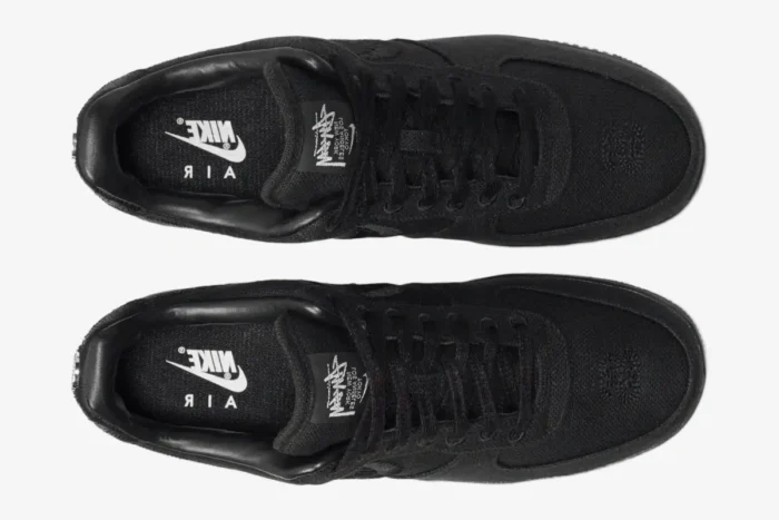 Top-down view of Nike Air Force 1 Low x Stussy Triple Black Hemp sneakers. - SKU CZ9084-001