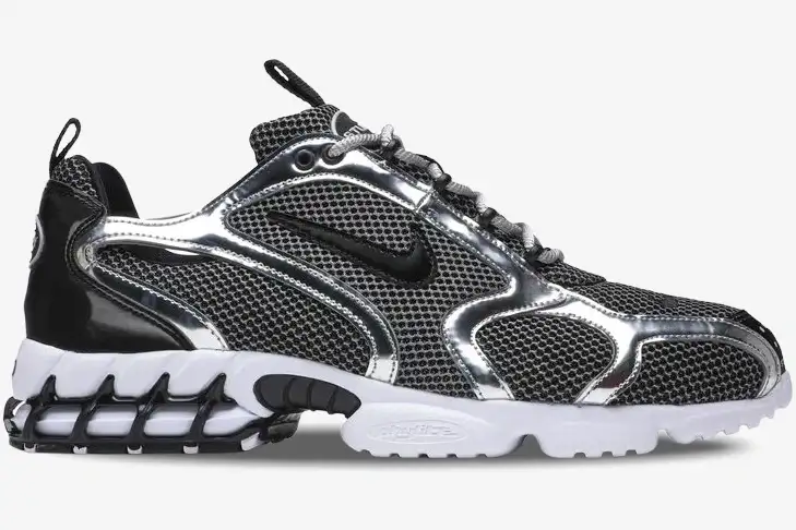 nike-stussy-spiridon-cage-2-pure-platinum-side-cu1854-001-img2625 Nike Air Zoom Spiridon Cage 2 x Stussy Pure Platinum sneaker in silver and black, side view. - SKU CU1854-001