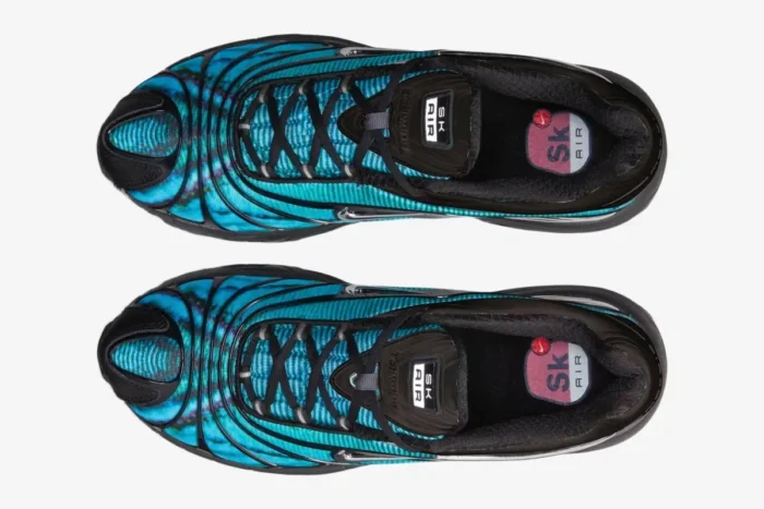 Top-down view of Nike Air Max Tailwind 5 x Skepta Chrome Blue sneakers with a vibrant blue butterfly wing pattern. - SKU CQ8714-001