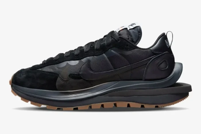 Side view of Nike VaporWaffle x Sacai Black and Gum sneakers with layered mesh and suede upper. - SKU DD1875-001