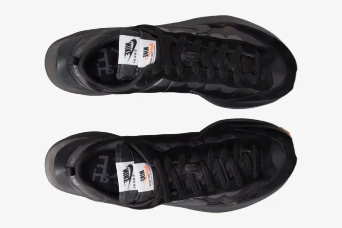 Top-down view of Nike VaporWaffle x Sacai Black and Gum sneakers featuring double tongues and black laces. - SKU DD1875-001