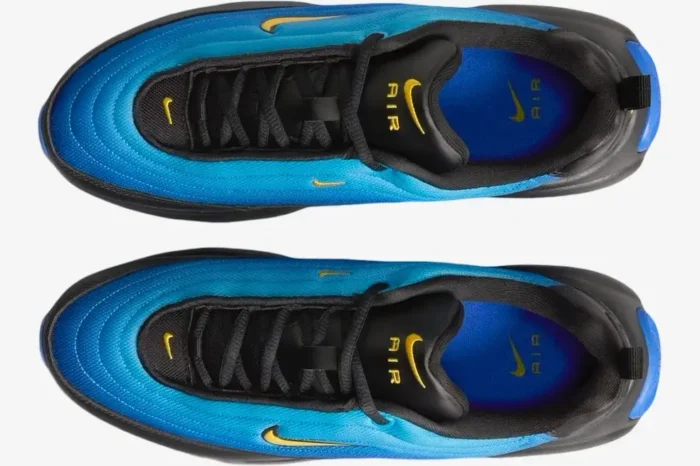 Top-down view of Nike Wmns Air Max Portal Racer Blue sneakers with black trim and gold swoosh logos. - SKU HF3053-005