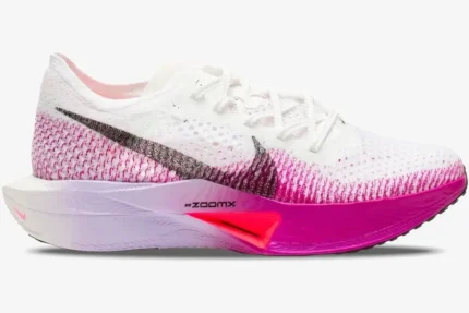 Side view of Nike ZoomX Vaporfly 3 women's running shoe in white, pink, and orange. - SKU DV4129-104