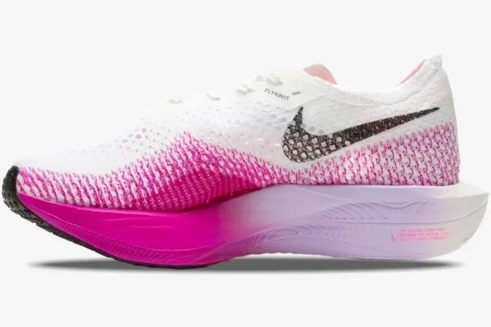 Side profile of a Nike ZoomX Vaporfly 3 women's marathon shoe in white and pink with a gradient midsole. - SKU DV4129-104