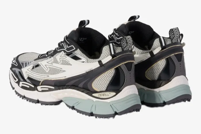 Off-White Be Right Back sneakers in black, white, and grey, shown from a rear three-quarter angle. - SKU OMIA295C99FAB0010510