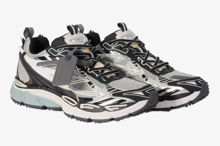 Off-White Be Right Back black, white, and grey sneakers shown from a three-quarter angle. - SKU OMIA295C99FAB0010510