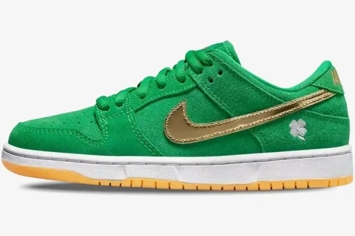 Side profile of Nike Dunk Low SB St Patrick's Day in green suede with a gold Swoosh and gum sole. - SKU BQ6817-303