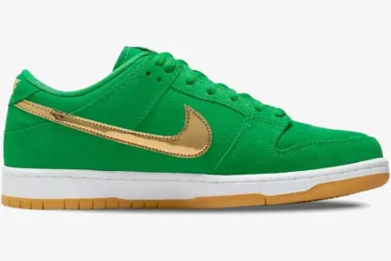Nike Dunk Low SB St Patrick's Day in green suede with a gold Swoosh, side profile view. - SKU BQ6817-303