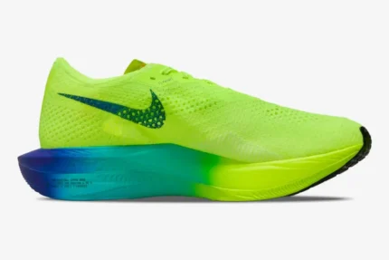 Nike ZoomX Vaporfly 3 marathon racer in neon yellow and blue, side profile view. - SKU DV4129-700