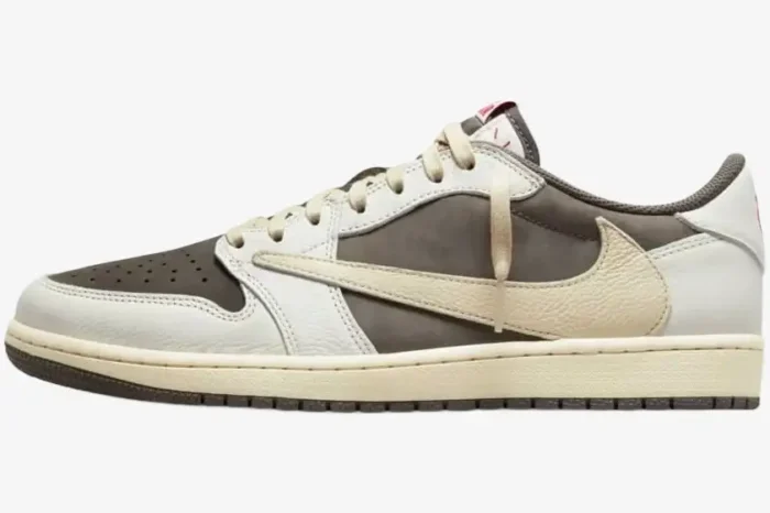 Side profile of Travis Scott x Air Jordan 1 Retro Low OG 'Reverse Mocha' sneakers with a cream reverse Swoosh. - SKU DM7866-162