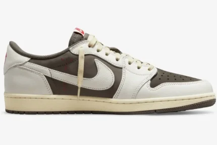Medial side view of Travis Scott x Air Jordan 1 Low Reverse Mocha in sail and brown leather. - SKU DM7866-162
