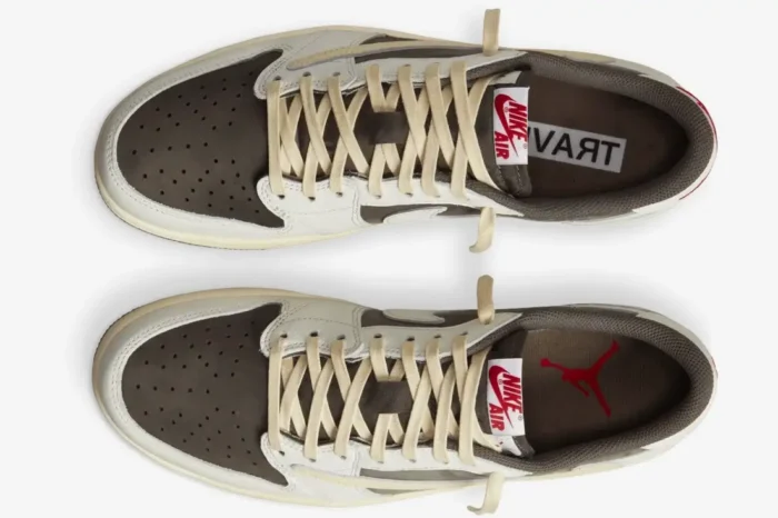 Top-down view of Travis Scott x Air Jordan 1 Low Reverse Mocha sneakers with sail laces and brown suede. - SKU DM7866-162