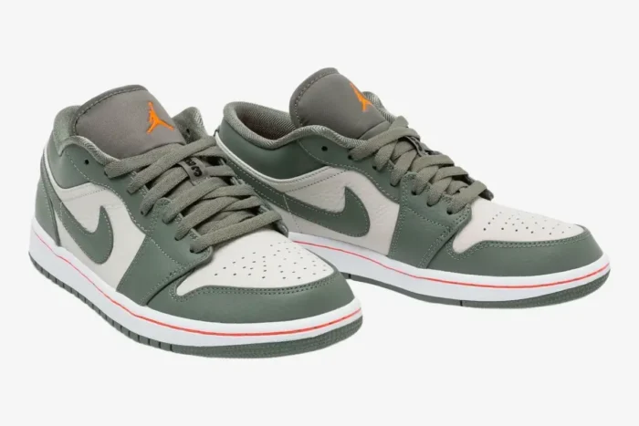 Women's Air Jordan 1 Low in military green and grey, three-quarter view showing both sneakers. - SKU 553558-121