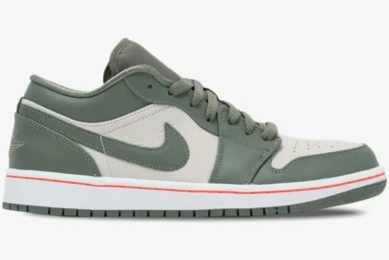 Side profile of Women's Air Jordan 1 Low in military green and cream with orange midsole accent. - SKU 553558-121
