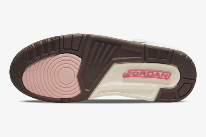 Bottom view of Women's Air Jordan 3 Retro Neapolitan sneakers showing the brown and pink outsole. - SKU CK9246-102