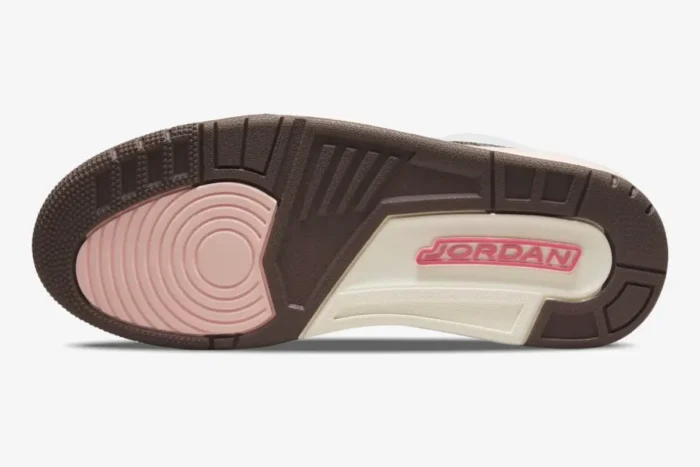 Bottom view of Women's Air Jordan 3 Retro Neapolitan sneakers showing mocha and pink outsole. - SKU CK9246-102
