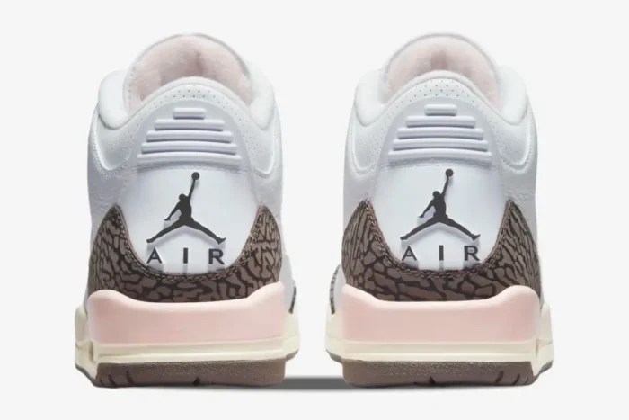 Rear view of Women's Air Jordan 3 Retro Neapolitan sneakers in white and dark mocha with pink accents. - SKU CK9246-102