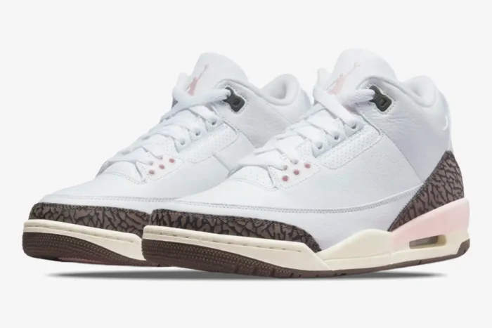 Women's Air Jordan 3 Retro Neapolitan in white and dark mocha, three-quarter side view. - SKU CK9246-102