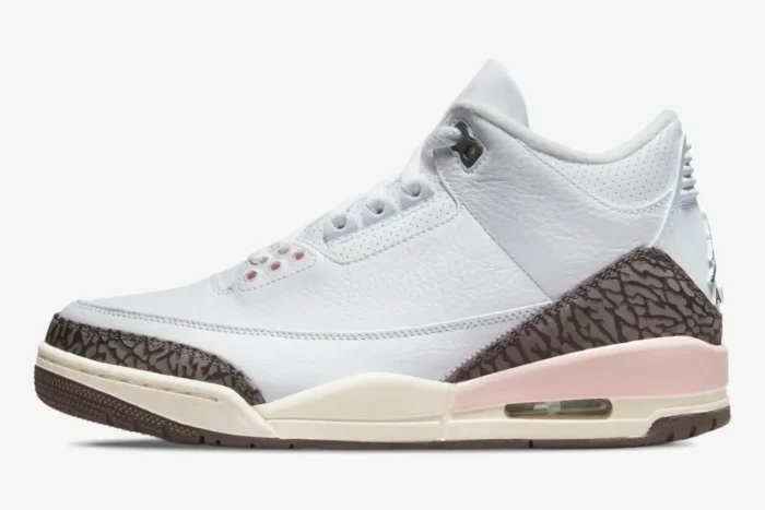 Side profile of Women's Air Jordan 3 Retro Neapolitan sneakers in white, dark mocha, and light pink. - SKU CK9246-102