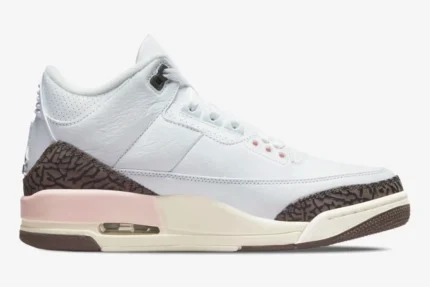 Side view of Women's Air Jordan 3 Retro Neapolitan in white and dark mocha with pink accents. - SKU CK9246-102