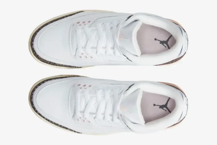 Top-down view of Women's Air Jordan 3 Retro Neapolitan in white, dark mocha, and pink. - SKU CK9246-102