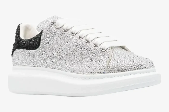 Alexander McQueen oversized sneaker with white and black crystal embellishments, side view. - SKU 611697WHZ39