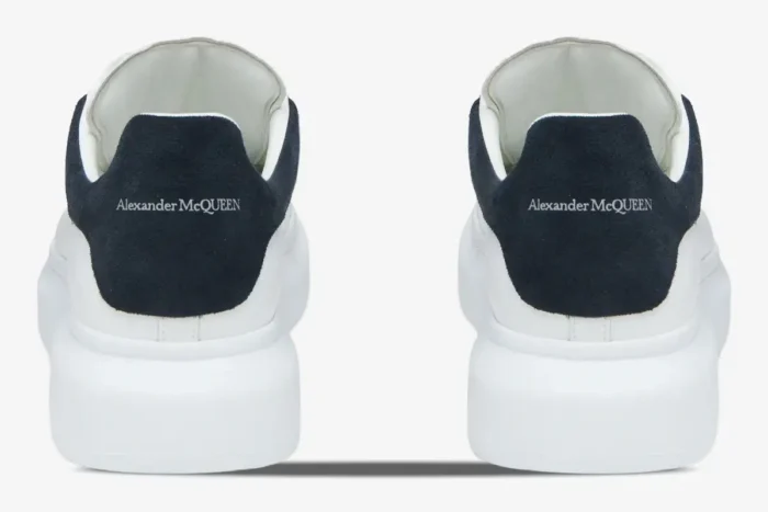 Rear view of Alexander McQueen Oversized Sneakers in white leather with blue-grey suede heel tabs. - SKU 553680WIAI39054