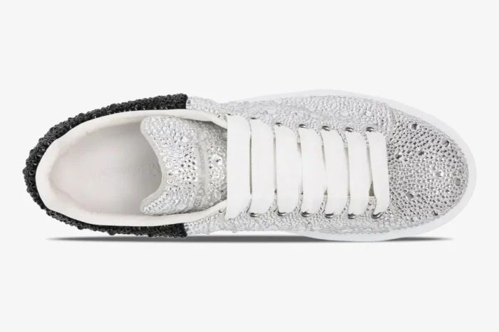 Top-down view of Alexander McQueen Oversized Sneaker with white and black crystal embellishments and white laces. - SKU 611697WHZ39