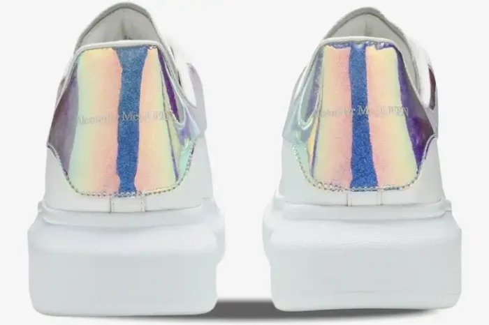 Rear view of white Alexander McQueen Oversized sneakers with iridescent heel tabs. - SKU 553680-WHX92-9123