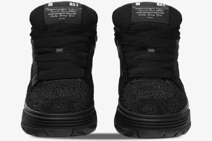 Front view of Amiri MA-1 black rhinestone sneakers with crystal embellishments and thick laces. - SKU AMFOSR1038-001