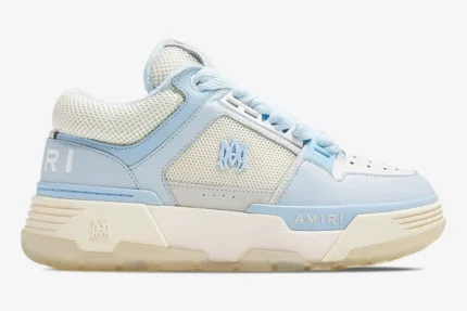 Side profile of the Amiri MA-1 luxury skate sneaker in white and light blue colorway. - SKU MFS001-111
